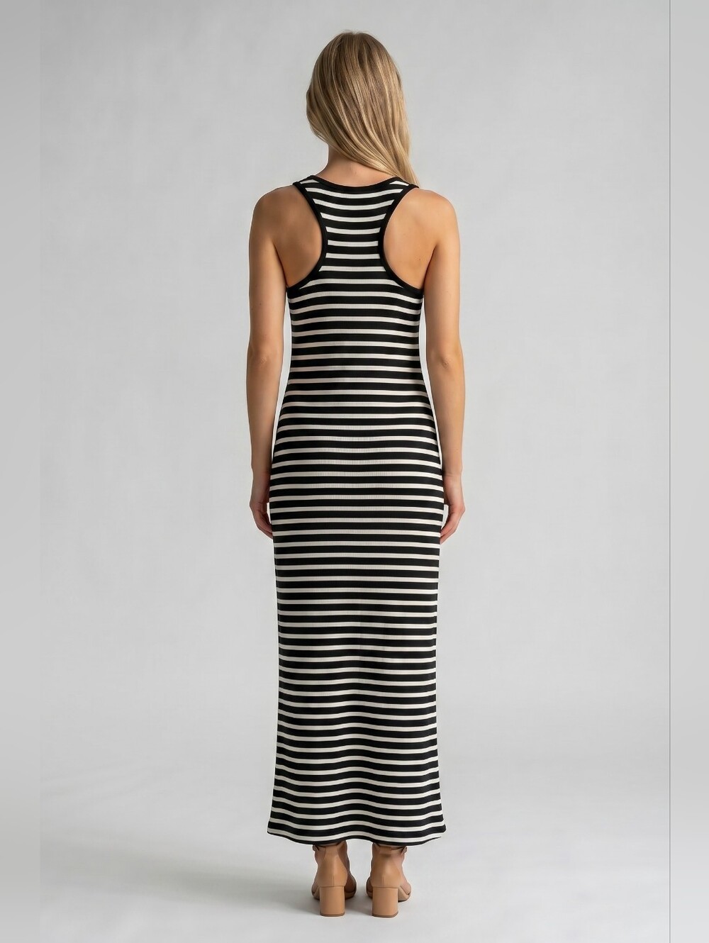 Theory Black White Striped Ribbed Racerback Maxi Dress Size M - Picture 3 of 7